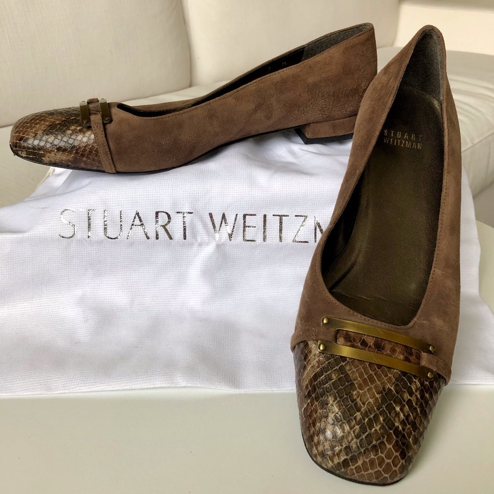 Stuart Weitzman Brown Suede and Snakeskin Loafers